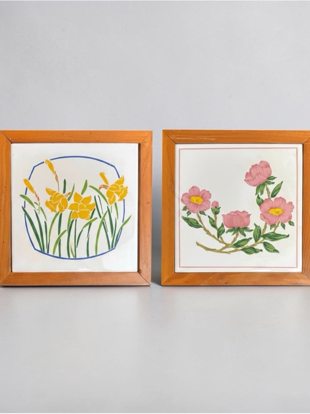 Vintage 1960s Floral Ceramic Tile Wall Art Set - Pink & Yellow Flowers